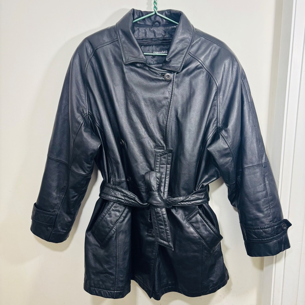 Wilsons Leather Black Belted Trench Coat Removable Thinsulate Lining Sz X-Large‎